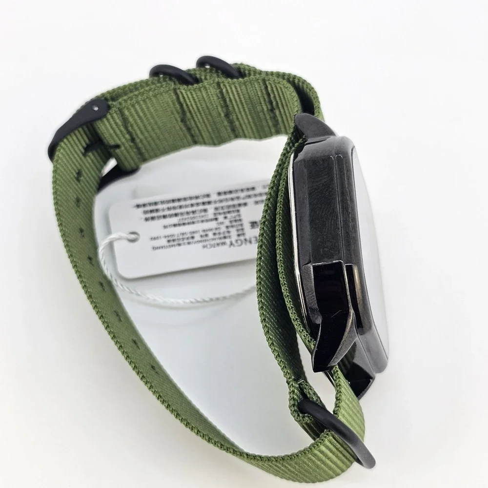 Men's Watch 42MM Black Dial Black Case‎ Date Army Green Canvas Band New Battery